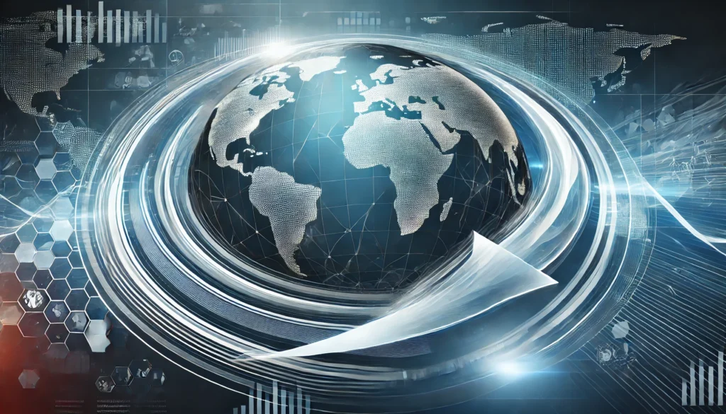 DALL·E 2025 02 04 01.55.41 A Modern And Sleek World Map In A Wide Format Surrounded By A Dynamic Curved Arrow Sign Symbolizing Global Connectivity And Movement. The Design Is 1024x585